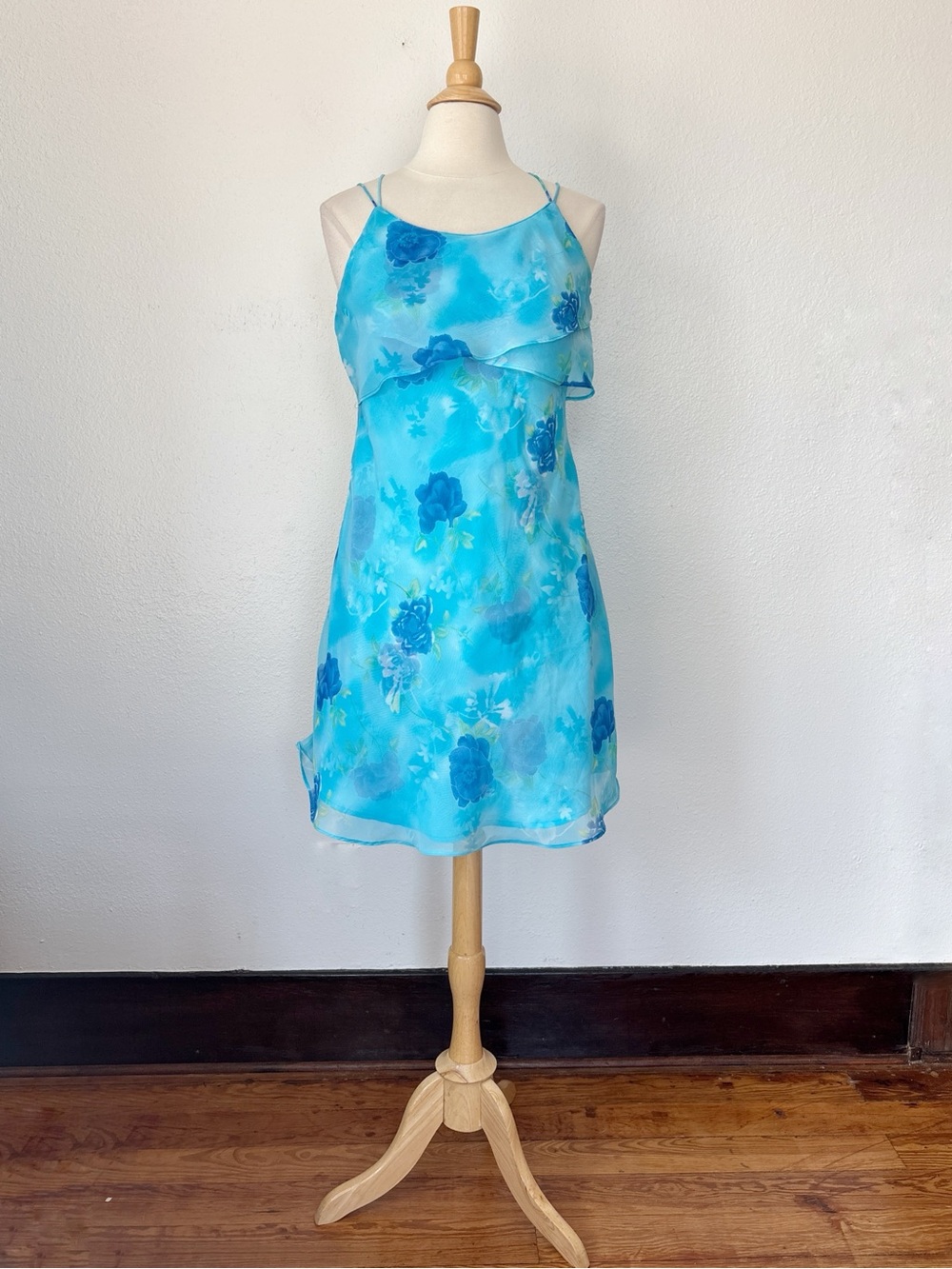 Y2K Pastel Blue Floral Sleeveless Slip Dress